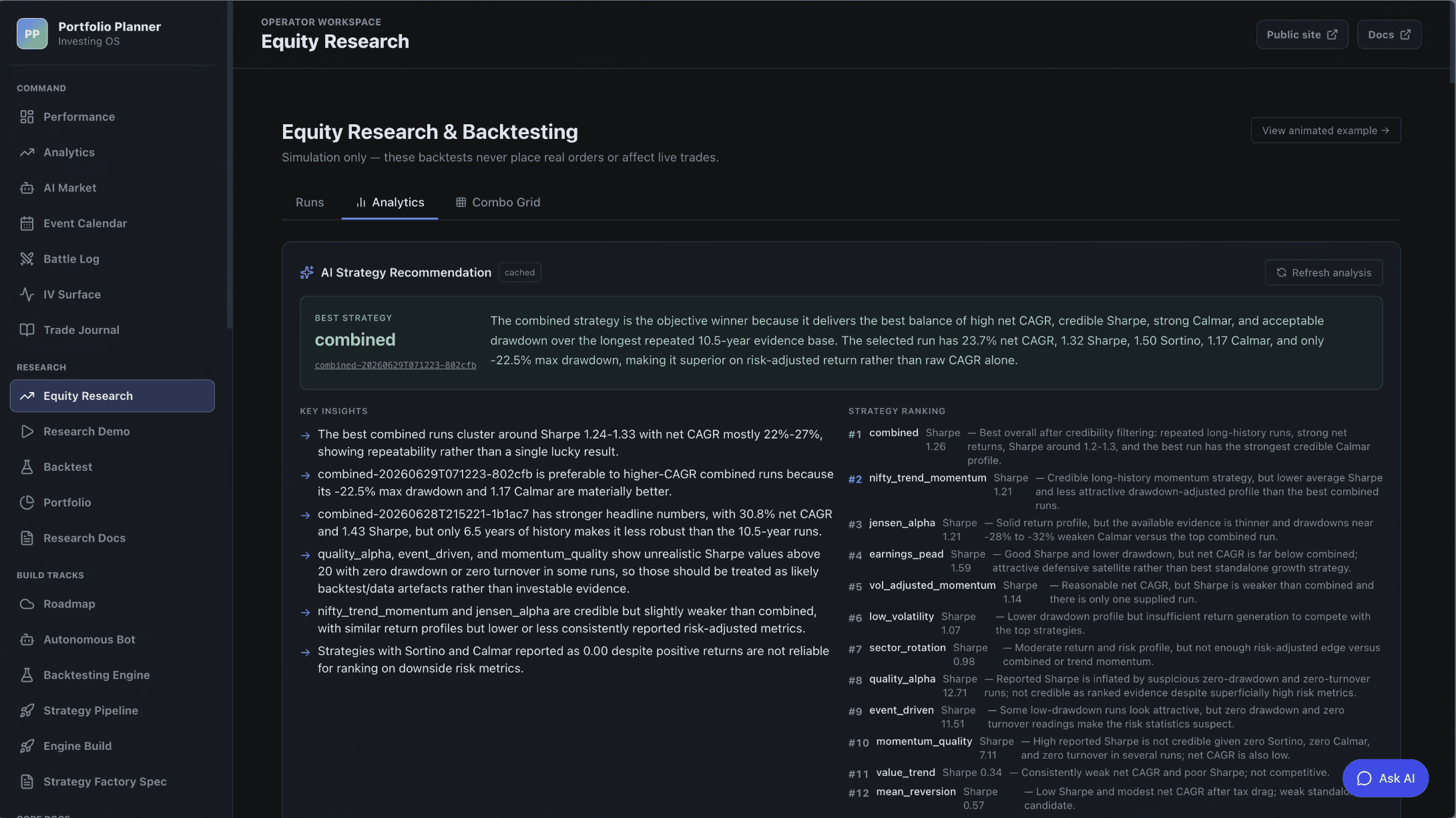 Equity research and backtesting with AI strategy recommendation, key insights, and strategy ranking